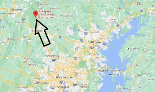 Map showing the location of Springfield Manor Winery, north of Washington, D.C., near Frederick, Maryland.