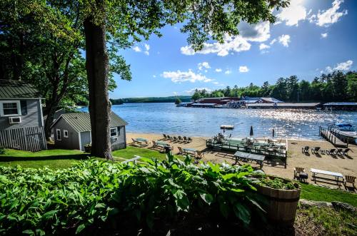 A serene lakeside view with boats, sandy beach, and green trees under a bright blue sky.