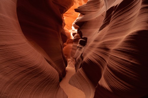 A narrow, winding canyon with smooth, reddish rock walls illuminated by warm sunlight.