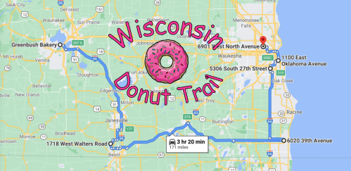 Map of the Wisconsin Donut Trail, highlighting various donut shops and routes with a donut graphic.