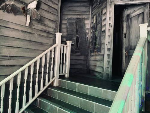 A dimly lit staircase leading to a spooky, weathered room with a moth decoration and closed shutters.