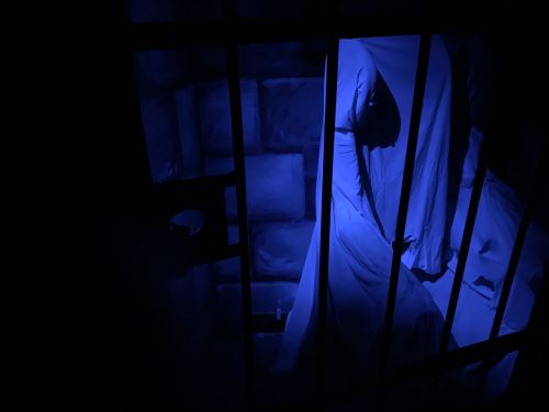 A dimly lit room with blue lighting, featuring a bed covered in white sheets and bars in the foreground.