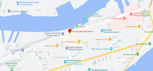 Map of Galveston, Texas, highlighting locations like the Haunted Mayfield Manor and nearby attractions.