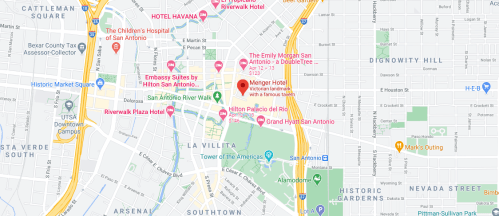 Map of San Antonio, Texas, highlighting the Menger Hotel and nearby landmarks and streets.