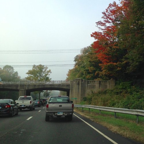 Traffic on a highway with a bridge overhead, surrounded by trees displaying autumn colors.