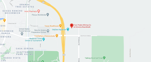 Map showing the location of Four Peaks Mining Co. at Arizona Boardwalk, near major roads and nearby attractions.