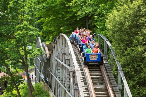 A group of people enjoying a wooden roller coaster ride through a lush, green landscape.