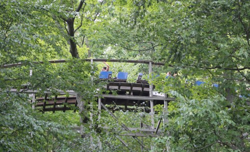 A wooden walkway surrounded by lush green trees, with people sitting on benches above.