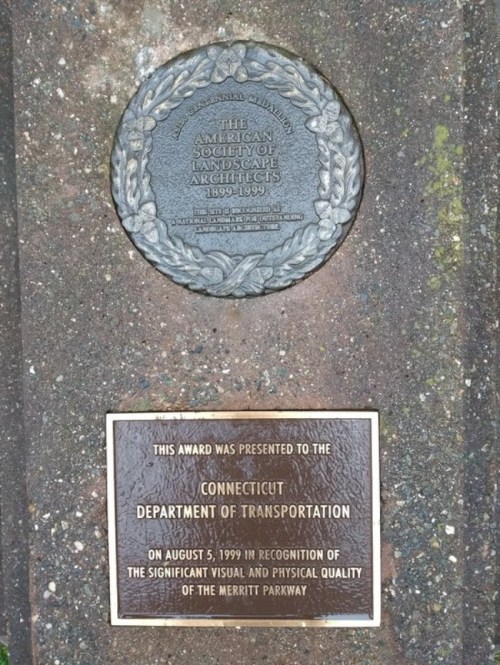 Plaque honoring the Connecticut Department of Transportation for the Merritt Parkway, awarded by the American Society of Landscape Architects.