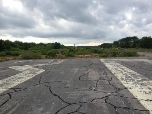 Cracked asphalt with faded markings, surrounded by overgrown vegetation and a cloudy sky in the background.