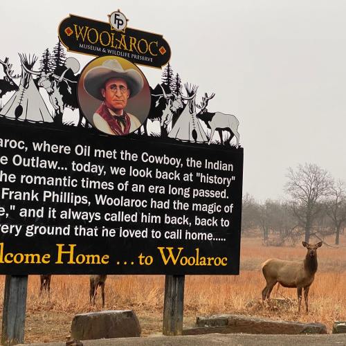 Sign for Woolaroc Museum & Wildlife Preserve with a portrait and an elk in the foreground, set in a misty landscape.