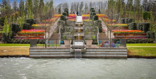 A vibrant garden with colorful flower beds, steps, and a water feature, surrounded by trees and a serene lake.