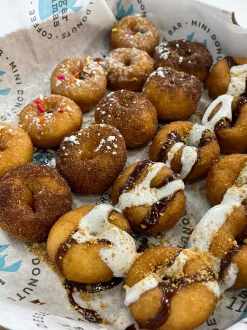 A tray of assorted mini donuts, featuring chocolate drizzle, sprinkles, and cinnamon sugar toppings.