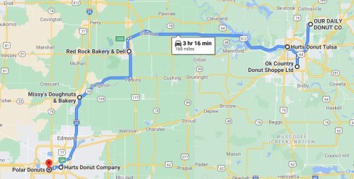 Map showing a route from Polar Donuts to Our Daily Donut Co., with stops at Red Rock Bakery & Deli and Missy's Doughnuts.