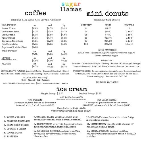 Menu for Sugar Llamas featuring coffee, mini donuts, and ice cream options with prices and flavors listed.