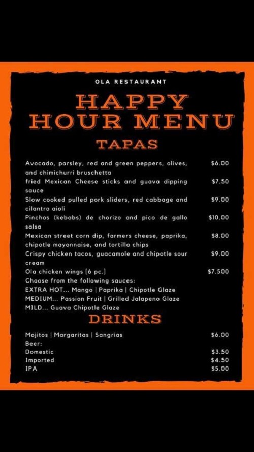 Menu for Ola Restaurant's Happy Hour featuring tapas and drinks with prices listed.