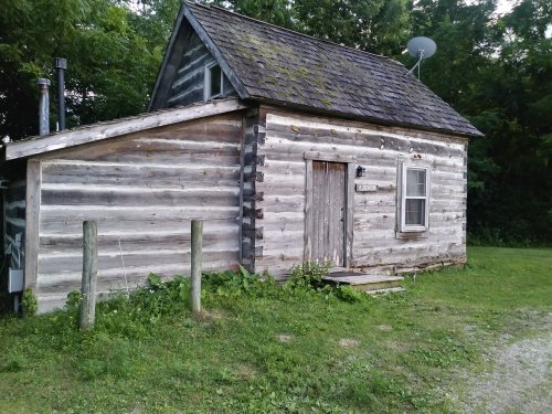 A rustic log cabin with a sloped roof, surrounded by greenery and a gravel path.