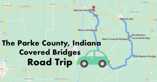 Map of Parke County, Indiana, highlighting a road trip route to various covered bridges with a car icon.