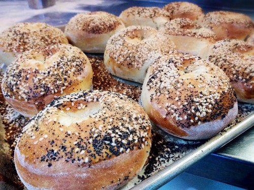 Freshly baked bagels topped with sesame and poppy seeds on a baking tray.