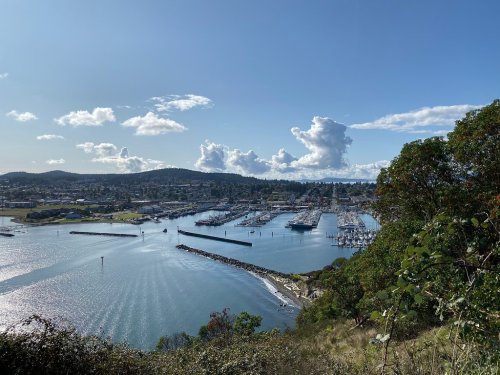 A scenic view of a marina with boats, surrounded by hills and clouds under a clear blue sky.