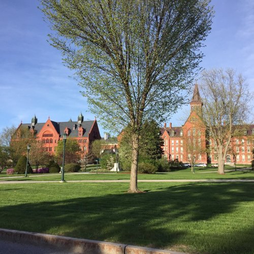 Historic red brick buildings surrounded by green grass and trees under a clear blue sky.