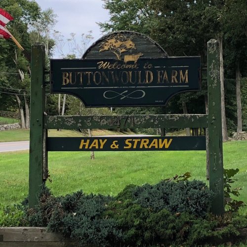 Sign for Buttonwould Farm, featuring "Welcome to Buttonwould Farm" and "Hay & Straw" below, surrounded by greenery.