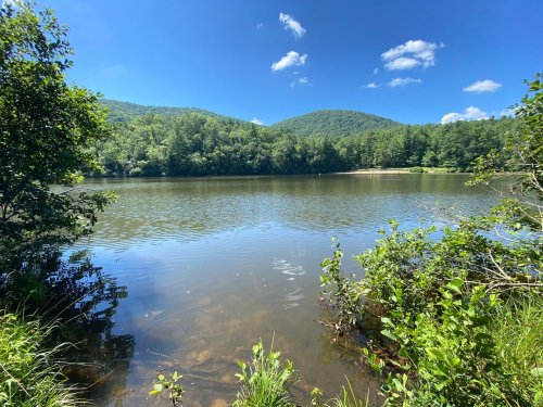 A serene lake surrounded by lush greenery and mountains under a clear blue sky with fluffy clouds.