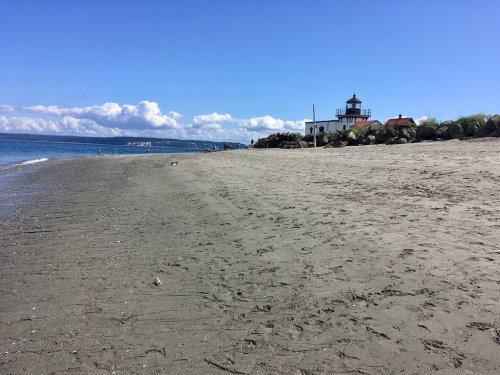 A sandy beach with gentle waves, a lighthouse in the distance, and a clear blue sky with scattered clouds.