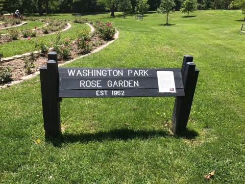 Sign for Washington Park Rose Garden, established in 1962, set in a lush green landscape with flower beds.
