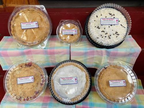 A display of various pies, including apple, blueberry, and cream, in clear plastic containers on a colorful tablecloth.