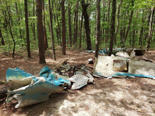 Wreckage of an old aircraft scattered on the forest floor, surrounded by trees and greenery.