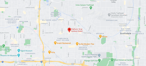 Map showing the location of Platform 18 at Century Grand in Phoenix, Arizona, near various landmarks and neighborhoods.