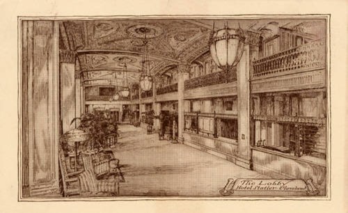Illustration of a hotel lobby featuring ornate decor, benches, and a spacious layout with balconies above.