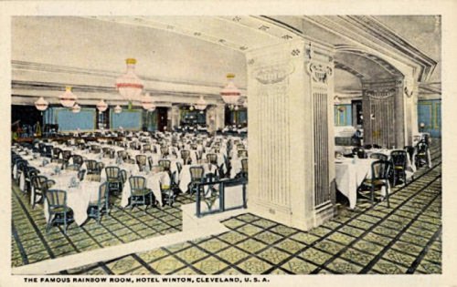 Interior of the Rainbow Room at Hotel Winton in Cleveland, featuring tables set for dining and elegant decor.