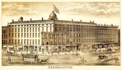 Historic illustration of the Weddell House, featuring horse-drawn carriages and people in a bustling street scene.