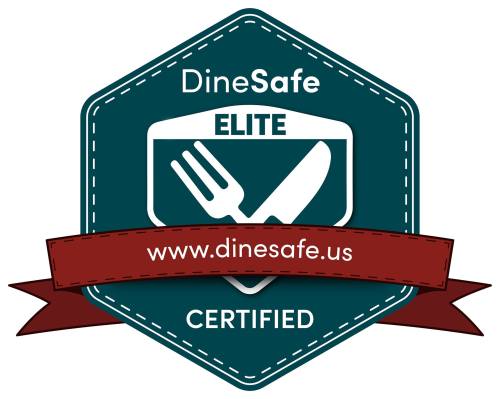 DineSafe Elite certification badge featuring a fork and knife, with a website link for more information.