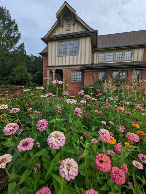 A colorful flower garden in front of a large, elegant house with a mix of brick and wood siding.