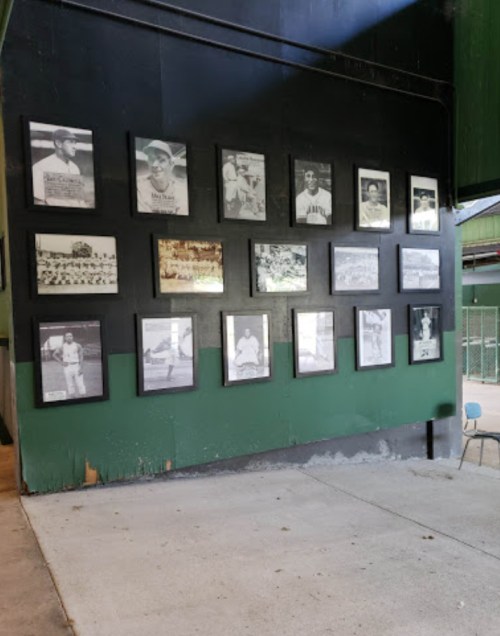 A wall displaying framed black-and-white photos of baseball players and historical moments in a sports facility.