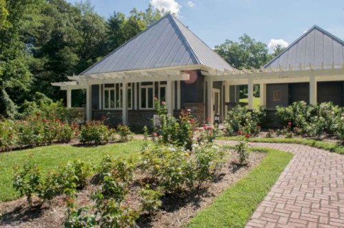 A modern house with a metal roof surrounded by a rose garden and a brick pathway. Lush greenery in the background.