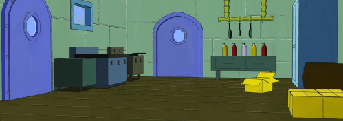 Interior of a cartoon kitchen with green walls, purple doors, a stove, shelves with bottles, and yellow boxes on the floor.