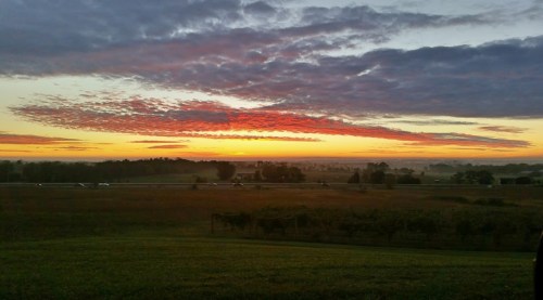 A vibrant sunset with orange and pink clouds over a serene landscape, featuring fields and distant trees.