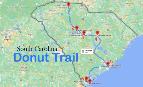 Map of South Carolina's Donut Trail, highlighting six donut shops with a route and estimated travel time.