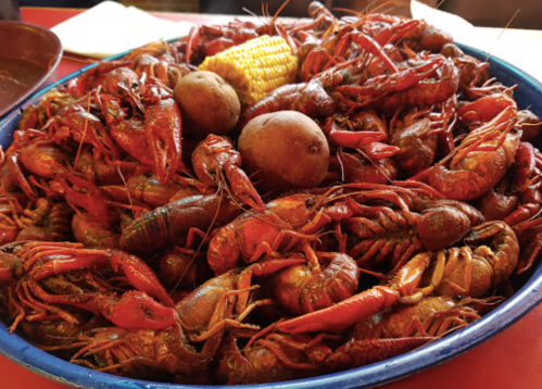 A large blue bowl filled with cooked crawfish, potatoes, and corn on the cob.