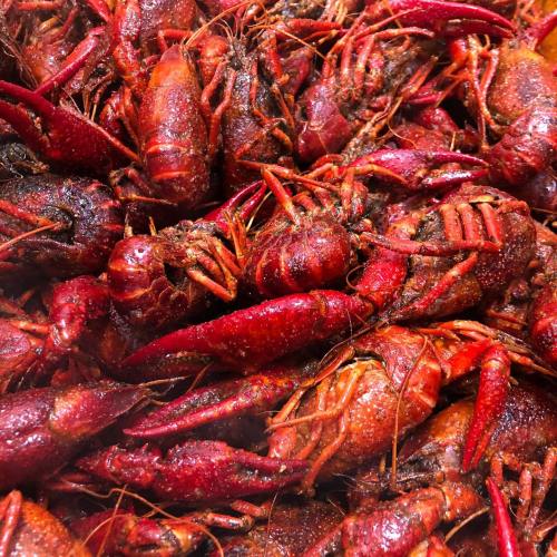 A close-up of a pile of bright red cooked crawfish, showcasing their claws and textured shells.