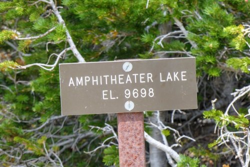 Sign for Amphitheater Lake, elevation 9,698 feet, surrounded by greenery.