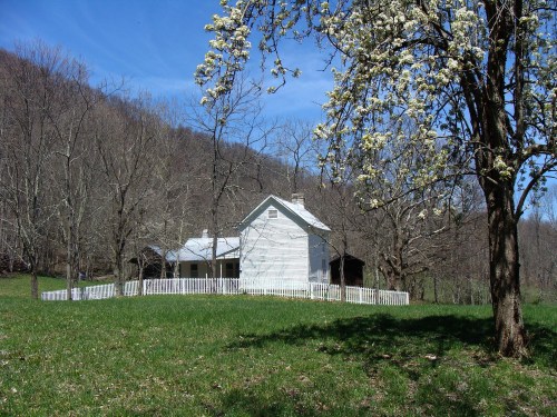 A white house with a picket fence surrounded by trees and a grassy field under a clear blue sky.