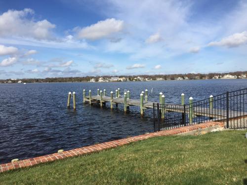 A serene view of a lake with a wooden dock, surrounded by green grass and a clear blue sky with fluffy clouds.