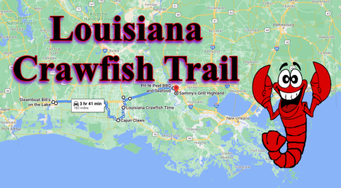 Map of the Louisiana Crawfish Trail with a cartoon crawfish and route details.