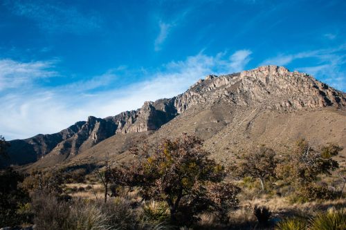 A rugged mountain landscape under a blue sky, with sparse vegetation in the foreground.