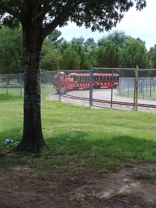 A red train-like vehicle travels along a fenced path in a grassy area, with trees in the background.